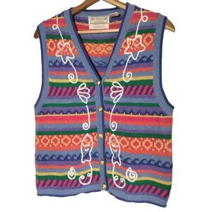Ashley Petites Sweater Vest PL Blue Ocean Beach Waves Fish Seashell Button Up